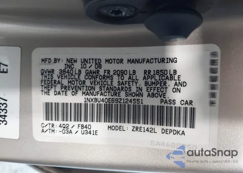 2009 Toyota Corolla Le z USA, uszkodzony, nr VIN 1NXBU40E69Z124551